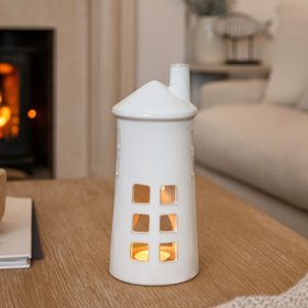 Glazed White Ceramic Lighthouse Tealight Holder with Chimney Cut-Out Windows & Door – Large Coastal Nautical Candle Holder 28x11x11cm