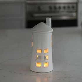 Glazed White Ceramic Lighthouse Tealight Holder with Chimney Cut-Out Windows & Door – Large Coastal Nautical Candle Holder 28x11x11cm
