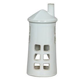 Glazed White Ceramic Lighthouse Tealight Holder with Chimney Cut-Out Windows & Door – Large Coastal Nautical Candle Holder 28x11x11cm