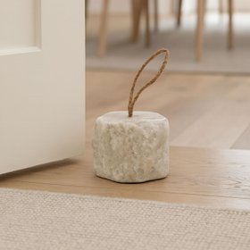 Natural White Marble Door Stop with Jute Rope Handle & Unique Veining – Neutral Decorative Weighted Stone Doorstop 7x10x10cm