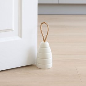 Ribbed Natural White Marble Door Stop with Jute Rope Handle & Unique Veining – Neutral Decorative Weighted Stone Doorstop 12x7x7cm