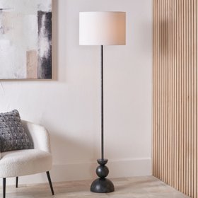 Textured Graphite Grey Metal Ball Floor Lamp with White Linen Drum Shade – Sculptural Stacked Dome & Sphere Design 160x40x40cm