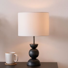 Textured Graphite Grey Metal Ball Table Lamp Base with White Linen Drum Shade – Sculptural Stacked Dome & Sphere Design 49x30x30cm