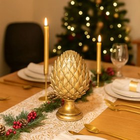 Tall Gold Ceramic Pinecone Ornament on Pedestal Stand with Metallic Finish – Decorative Centrepiece for Home Decor 30x19cm