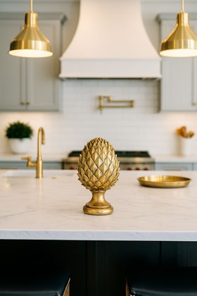 Tall Gold Ceramic Pinecone Ornament on Pedestal Stand with Metallic Finish – Decorative Centrepiece for Home Decor 30x19cm