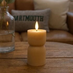 Small Neutral Stone-Beige Sculpted Ribbed Wax LED Flameless Pillar Candle with Flickering Flame – Battery Operated Decorative Light 14x7x7cm