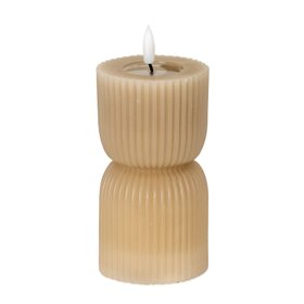 Small Neutral Stone-Beige Sculpted Ribbed Wax LED Flameless Pillar Candle with Flickering Flame – Battery Operated Decorative Light 14x7x7cm