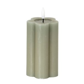 Medium Grey-Sage Scalloped Real Wax LED Flameless Pillar Candle with Realistic Flickering Flame – Battery Operated Decorative Light 12x7x7cm