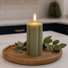 Medium Grey-Sage Scalloped Real Wax LED Flameless Pillar Candle with Realistic Flickering Flame – Battery Operated Decorative Light 12x7x7cm