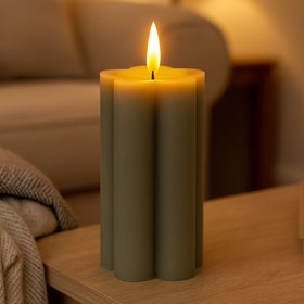 Tall Grey-Sage Scalloped Real Wax LED Flameless Pillar Candle with Realistic Flickering Flame – Battery Operated Decorative Light 15x7x7cm