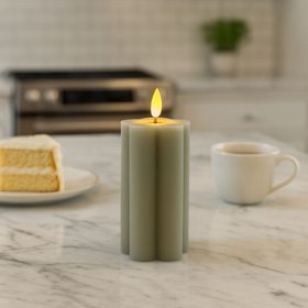 Tall Grey-Sage Scalloped Real Wax LED Flameless Pillar Candle with Realistic Flickering Flame – Battery Operated Decorative Light 15x7x7cm
