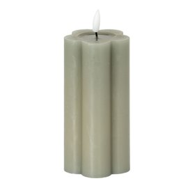 Tall Grey-Sage Scalloped Real Wax LED Flameless Pillar Candle with Realistic Flickering Flame – Battery Operated Decorative Light 15x7x7cm