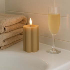 Tall Beige Taupe Scalloped Real Wax LED Flameless Pillar Candle with Realistic Flickering Flame – Battery Operated Decorative Light 15x7x7cm