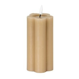 Tall Beige Taupe Scalloped Real Wax LED Flameless Pillar Candle with Realistic Flickering Flame – Battery Operated Decorative Light 15x7x7cm