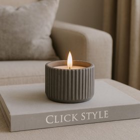 White Real Wax LED Candle in Dark Grey Ribbed Concrete Pot with Realistic Flickering Flame – Battery Operated Flameless Decorative Light 8x8x8cm