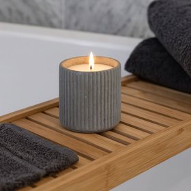 White Real Wax LED Candle in Dark Grey Ribbed Concrete Pot with Realistic Flickering Flame – Battery Operated Flameless Decorative Light 9x9x9cm