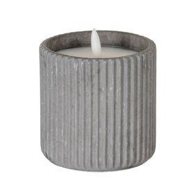 White Real Wax LED Candle in Dark Grey Ribbed Concrete Pot with Realistic Flickering Flame – Battery Operated Flameless Decorative Light 9x9x9cm