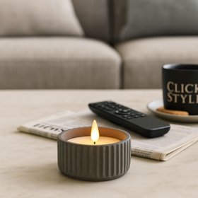 White Real Wax LED Candle in Dark Grey Ribbed Concrete Pot with Realistic Flickering Flame – Battery Operated Flameless Decorative Light 5x5x5cm