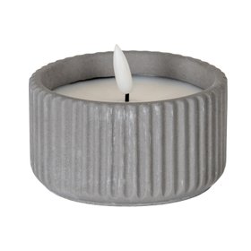 White Real Wax LED Candle in Dark Grey Ribbed Concrete Pot with Realistic Flickering Flame – Battery Operated Flameless Decorative Light 5x5x5cm