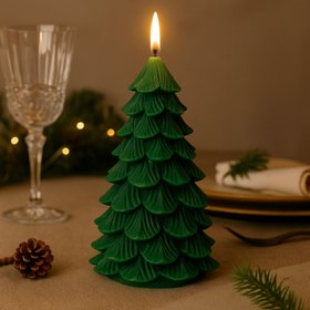 Tall Layered Forest Green Real Wax LED Christmas Tree Candle with Realistic Flickering Flame – Festive Battery Operated Decorative Light 22x11x11cm