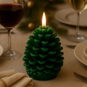Layered Forest Green Real Wax LED Christmas Pinecone Candle with Realistic Flickering Flame – Festive Battery Operated Decorative Light 11x10x10cm