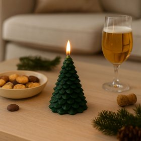 Layered Forest Green Real Wax LED Christmas Tree Candle with Realistic Flickering Flame – Festive Battery Operated Decorative Light 13x8x8cm