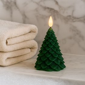 Layered Forest Green Real Wax LED Christmas Tree Candle with Realistic Flickering Flame – Festive Battery Operated Decorative Light 13x8x8cm
