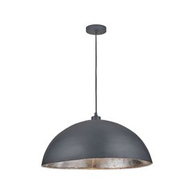 Matt Black And Silver Leaf Large Domed Metal Industrial Pendant Light with Black Fabric Cable – Adjustable Hanging Ceiling Light 132x62x62cm