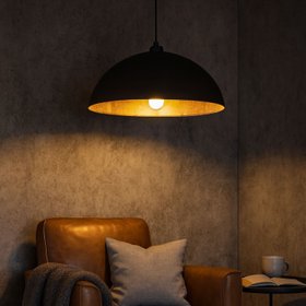 Matt Black And Silver Leaf Large Domed Metal Industrial Pendant Light with Black Fabric Cable – Adjustable Hanging Ceiling Light 132x62x62cm