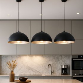 Matt Black And Silver Leaf Large Domed Metal Industrial Pendant Light with Black Fabric Cable – Adjustable Hanging Ceiling Light 132x62x62cm