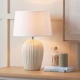 Sage Green & White Striped Ceramic Table Lamp with White Cotton Tapered Shade – Ribbed Bulbous Base Bedside Light 45x30x30cm