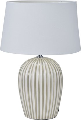 Sage Green & White Striped Ceramic Table Lamp with White Cotton Tapered Shade – Ribbed Bulbous Base Bedside Light 45x30x30cm