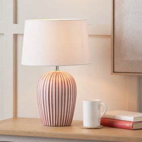 Mulberry Red & White Striped Ceramic Table Lamp with White Cotton Tapered Shade – Ribbed Bulbous Base Bedside Light 45x30x30cm