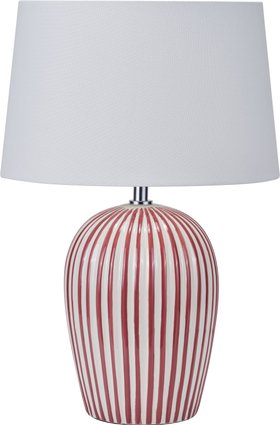 Mulberry Red & White Striped Ceramic Table Lamp with White Cotton Tapered Shade – Ribbed Bulbous Base Bedside Light 45x30x30cm