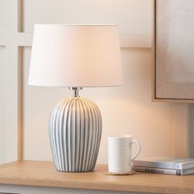 Denim Blue & White Striped Ceramic Table Lamp With White Cotton Tapered Shade – Ribbed Bulbous Base Bedside Light 45x30x30cm