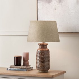 Rustic Rich Brown Glazed Artisan Ceramic Table Lamp with 35cm Natural Linen Tapered Shade – Handmade Stoneware Dot Design Tapered Cylindrical Light 55x35x35cm