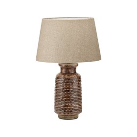 Rustic Rich Brown Glazed Artisan Ceramic Table Lamp with 35cm Natural Linen Tapered Shade – Handmade Stoneware Dot Design Tapered Cylindrical Light 55x35x35cm