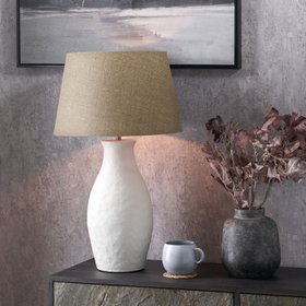 Neutral Matt White Textured Ceramic Table Lamp with 40cm Natural Linen Tapered Shade – Handcrafted Modern Bottle-Shaped Light 69x40x40cm