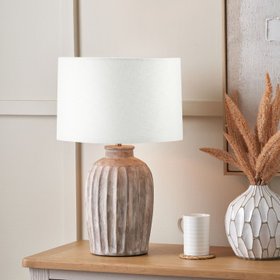 Rustic Neutral Grey & Beige-Washed Greige Stoneware Table Lamp with Vertical Grooved Detailing & 35cm White Self-Lined Linen Drum Shade – Handcrafted Ceramic Light 58x35x35cm