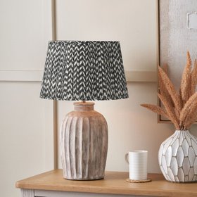 Rustic Neutral Grey & Beige-Washed Greige Stoneware Table Lamp with Vertical Grooved Detailing & 35cm Black & White Chevron Mushroom Pleated Tapered Cotton Shade – Handcrafted Ceramic Light 56x35x35cm