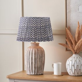 Rustic Neutral Grey & Beige-Washed Greige Stoneware Table Lamp with Vertical Grooved Detailing & 35cm Blue & White Chevron Mushroom Pleated Tapered Cotton Shade – Handcrafted Ceramic Light 56x35x35cm
