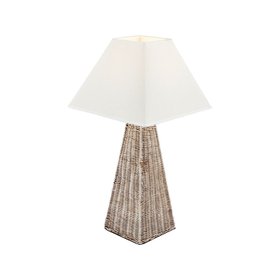 Antique Cream-Washed Rattan Pyramid Table Lamp with 35cm Cream Cotton Tapered Lampshade – Woven Natural Table Light 65x35x35cm
