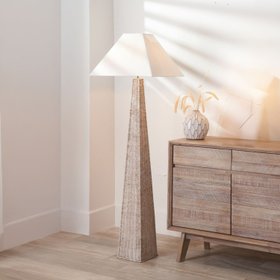 Tall Antique Cream-Washed Rattan Pyramid Floor Lamp with 48cm Cream Cotton Tapered Lampshade – Woven Natural Floor Light 154x48x48cm