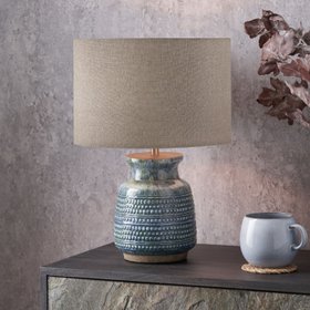 Rustic Blue & Green Glazed Artisan Ceramic Table Lamp with 30cm Natural Linen Drum Shade – Handmade Stoneware Dot Design Vase-Shaped Light 44x30x30cm