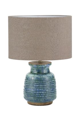 Rustic Blue & Green Glazed Artisan Ceramic Table Lamp with 30cm Natural Linen Drum Shade – Handmade Stoneware Dot Design Vase-Shaped Light 44x30x30cm