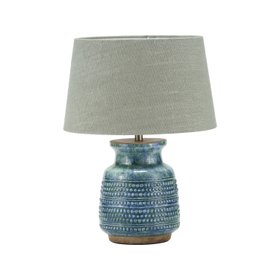 Rustic Blue & Green Glazed Artisan Ceramic Table Lamp with 30cm Pistachio Green Linen Tapered Shade – Handmade Stoneware Dot Design Vase-Shaped Light 40x30x30cm