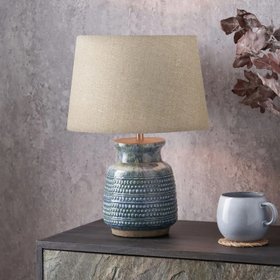 Rustic Blue & Green Glazed Artisan Ceramic Table Lamp with 30cm Natural Linen Tapered Shade – Handmade Stoneware Dot Design Vase-Shaped Light 40x30x30cm