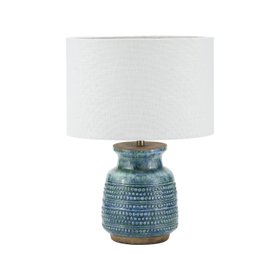Rustic Blue & Green Glazed Artisan Ceramic Table Lamp with 30cm White Self-Lined Linen Drum Shade – Handmade Stoneware Dot Design Vase-Shaped Light 44x30x30cm
