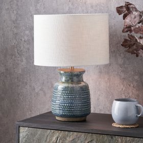 Rustic Blue & Green Glazed Artisan Ceramic Table Lamp with 30cm White Self-Lined Linen Drum Shade – Handmade Stoneware Dot Design Vase-Shaped Light 44x30x30cm