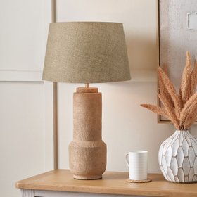 Rustic Brown Stoneware Cylindrical Table Lamp with 35cm Natural Linen Tapered Shade – Textured Concrete-Effect Ceramic Light Base 61x35x35cm